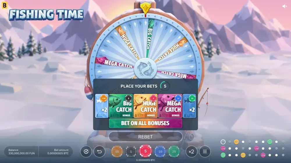 Fishing Time Slot Einsatzbereich mit Casino-Chips und fünf Wettfeldern